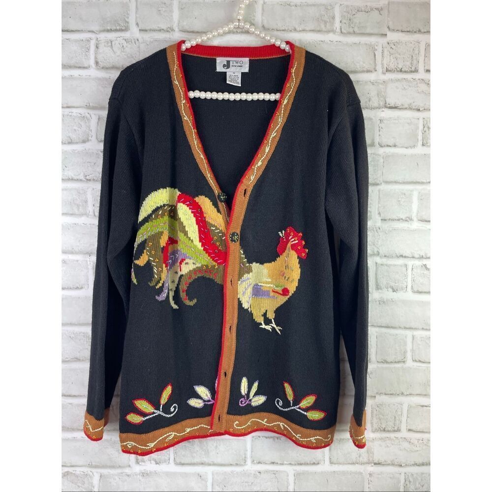 JTWO New York 90s Vintage Vibrant Black Cardigan Rooster Embroidery And Beaded W